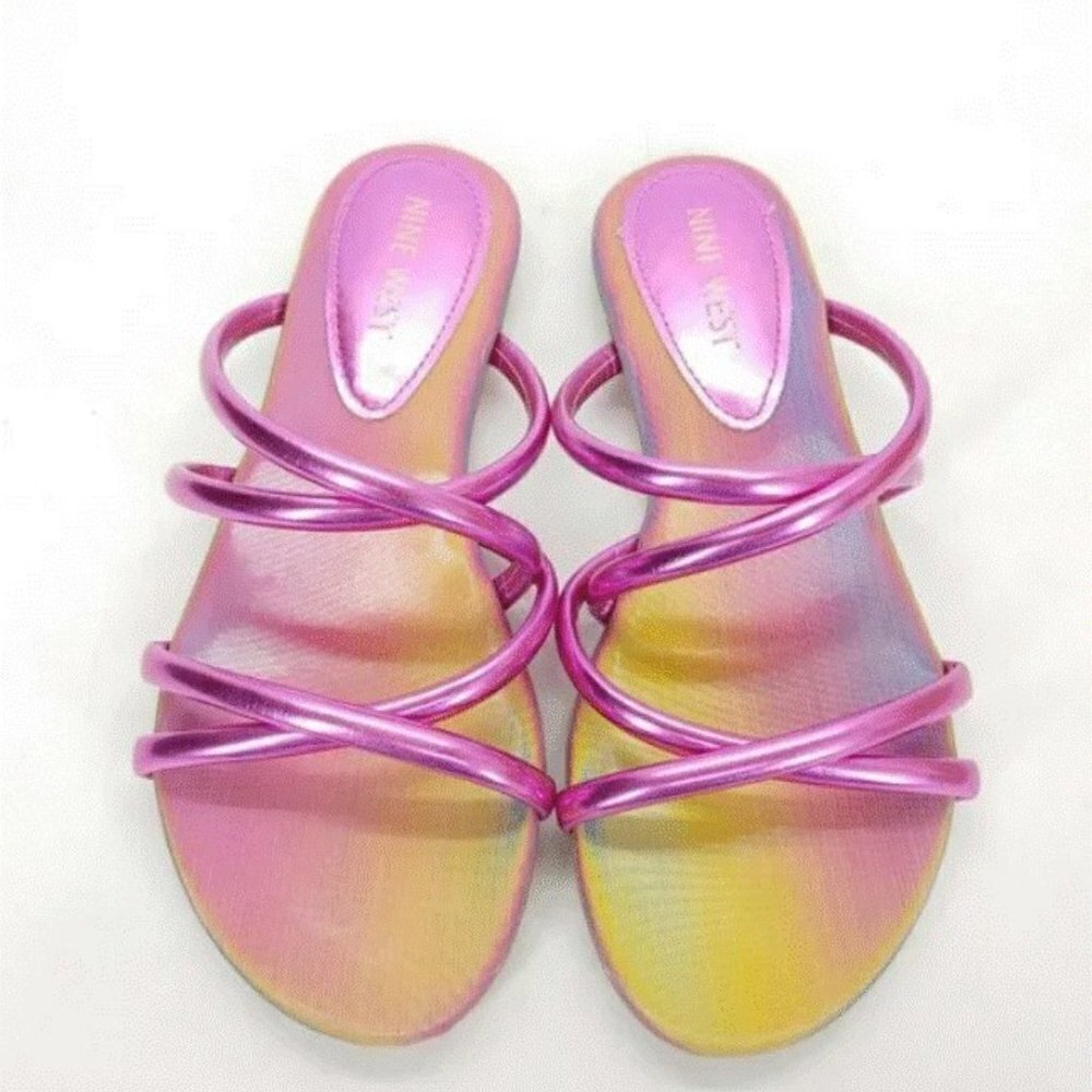 Nine West  Blink 3 Slip On Criss Cross Flat Sandals Multicolor Pink